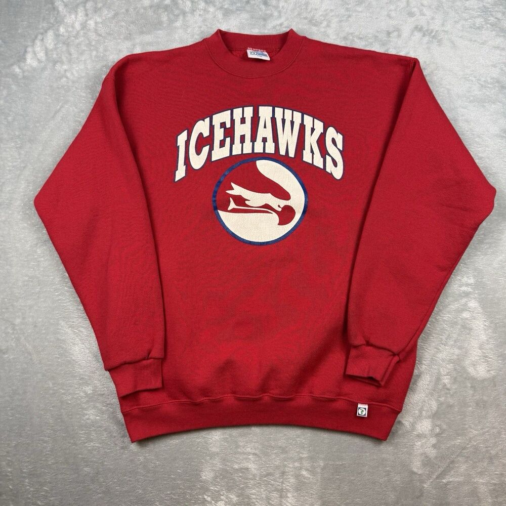Vintage 90s Icehawks Discus Athletic Crewneck Sweatshirt Large Red Made USA